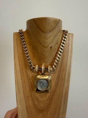 Vintage Gold Tone Cuban Chain Necklace with Roman Coin Pendant